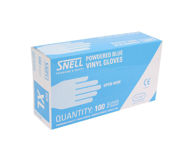 Blue vinyl disposable gloves in small size, pack of 100, featuring lightweight, durable design for comfort and grip.