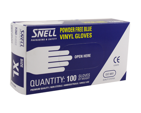 Blue disposable vinyl gloves (small) in 100-pack, powder-free, durable, comfortable, ambidextrous with a beaded cuff.