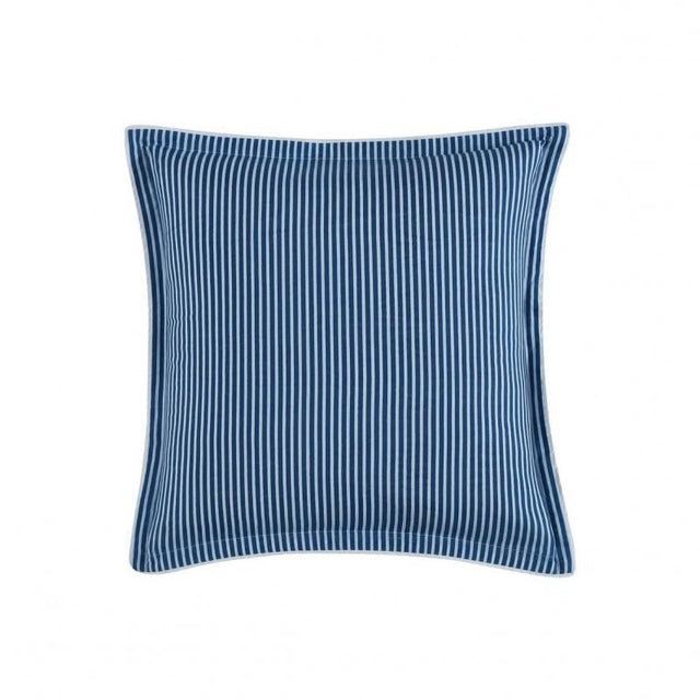 Heather blue European pillowcase featuring foliage design, ticking stripe reverse, and white piping detail.