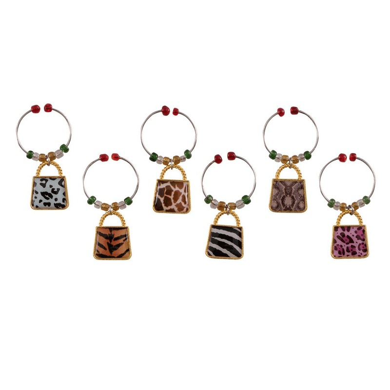 Colorful set of 6 Safari wine charms for easy drink identification at gatherings, featuring vibrant animal designs.