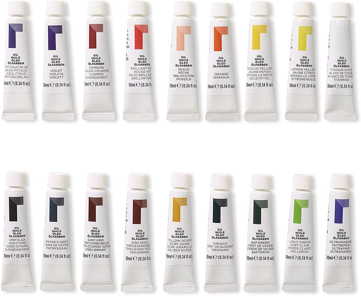 Reeves Oil Colour Set featuring 18 vibrant 10ml tubes for blending, glazing, and versatile painting techniques.