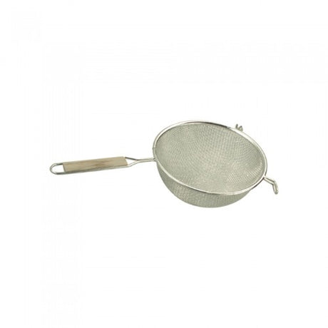 Fine tin mesh strainer with a 200mm diameter and wood handle, ideal for smooth straining in cooking and crafting.