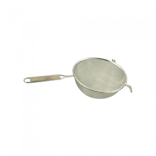 Fine tin mesh strainer with a 200mm diameter and wood handle, ideal for smooth straining in cooking and crafting.