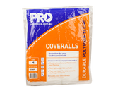 White disposable coveralls in medium, made of lightweight polypropylene with hood and elastic features for versatility and protection.