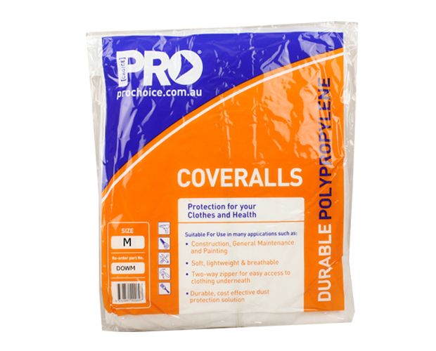 White disposable coveralls in medium, made of lightweight polypropylene with hood and elastic features for versatility and protection.