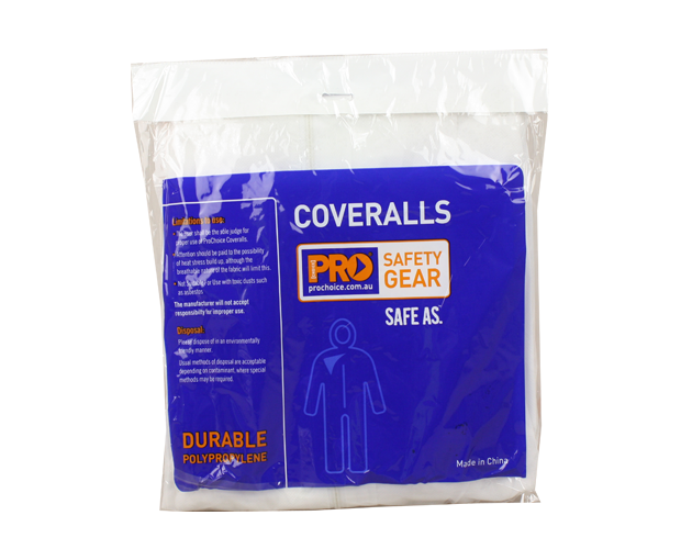 Pro Choice White Disposable Coveralls in medium, lightweight polypropylene with hood, elastic waist, and two-way zipper for easy access.