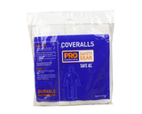Pro Choice White Disposable Coveralls in medium, lightweight polypropylene with hood, elastic waist, and two-way zipper for easy access.