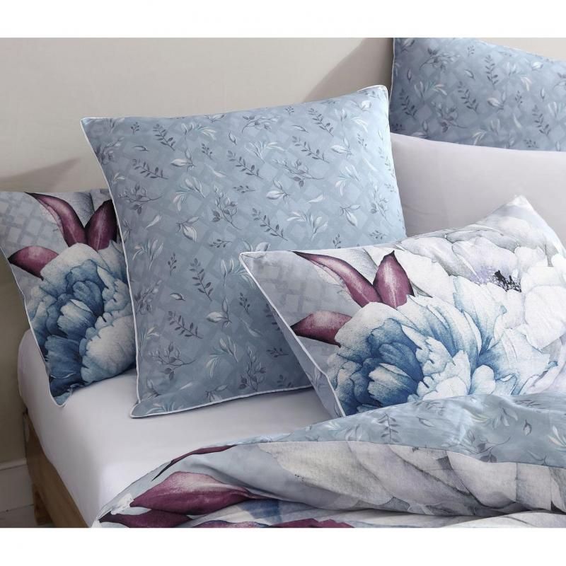 Logan & Mason Liv Silver European Pillowcase featuring oversized watercolor blooms in silver, mauve, and icy blues.