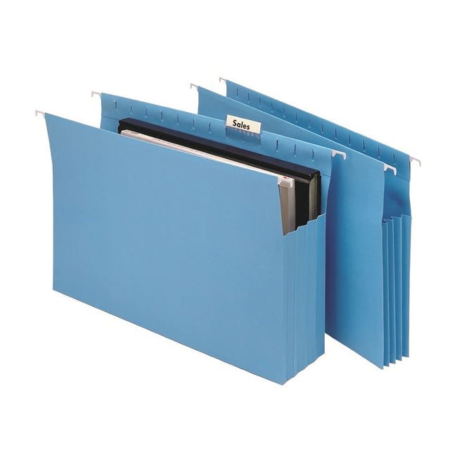 Blue expanding suspension files set with tabs, designed for organizing bulky reports and documents securely.