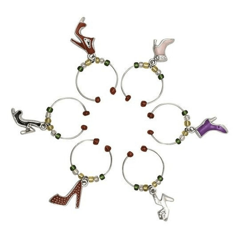 Metal wine charms shaped like shoes, designed for easy drink identification at parties, featuring vibrant colors and polished finish.