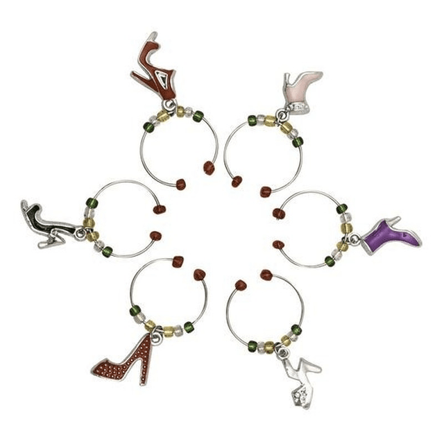 Metal wine charms shaped like shoes, designed for easy drink identification at parties, featuring vibrant colors and polished finish.