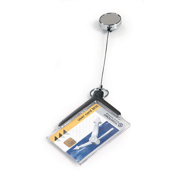 Elegant ID card holder with chrome badge reel, made from crystal-clear acrylic for portrait or landscape ID display.