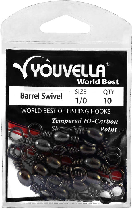 Youvella Barrel Swivel 1/0 pack of 10, designed for reliable performance and smooth rotation to prevent line twist during fishing.