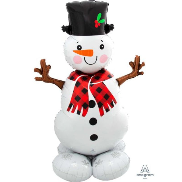 Inflatable AirLoonz Snowman, 88cm x 139cm, perfect for festive decor and gatherings, includes straw and strap for easy setup.