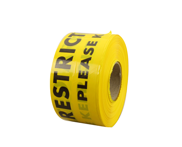Black and yellow barrier tape (100mm x 300m) for marking hazardous areas and enhancing safety in work environments.