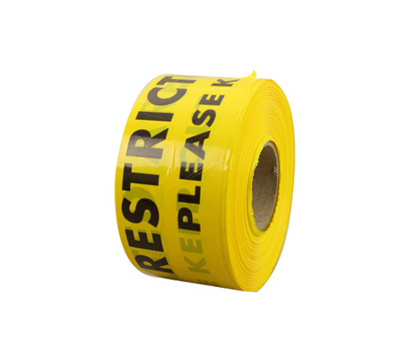 Black and yellow barrier tape (100mm x 300m) for marking hazardous areas and enhancing safety in work environments.