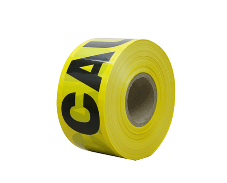 High-visibility black and yellow barrier tape for marking hazardous areas, measuring 100mm x 300m, ideal for safety compliance.