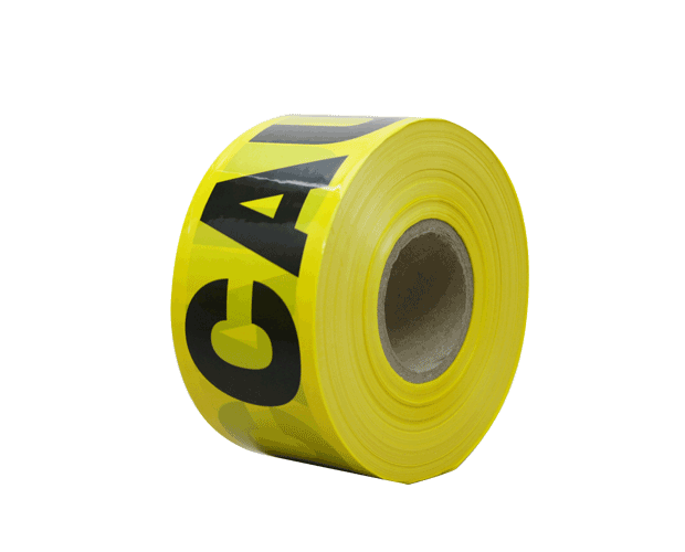 High-visibility black and yellow barrier tape for marking hazardous areas, measuring 100mm x 300m, ideal for safety compliance.
