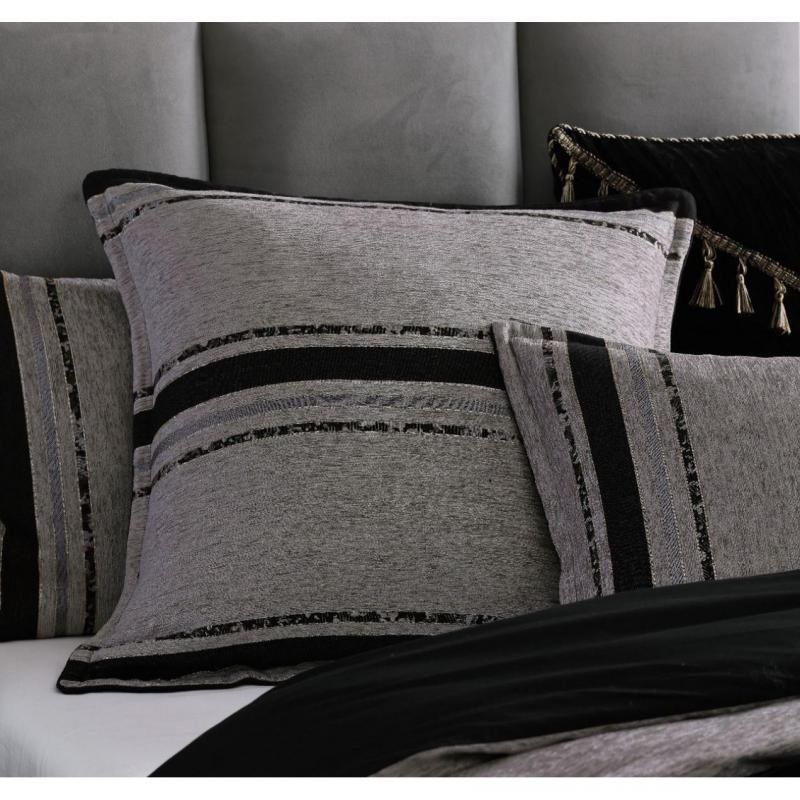 Luxurious Davinci Gambusi Smoke Quilt Set in Super King with metallic stripes and black rope cord for modern elegance.