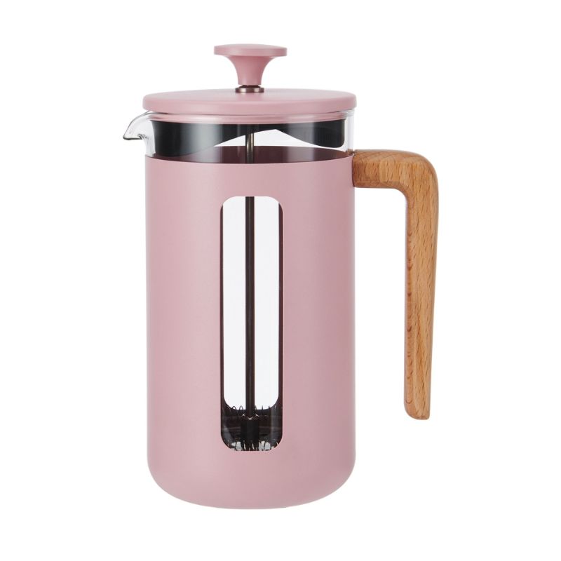 La Cafetiere Pink Pisa 8 Cup Cafetiere with glass body, stainless steel frame, and beechwood handle for stylish coffee brewing.