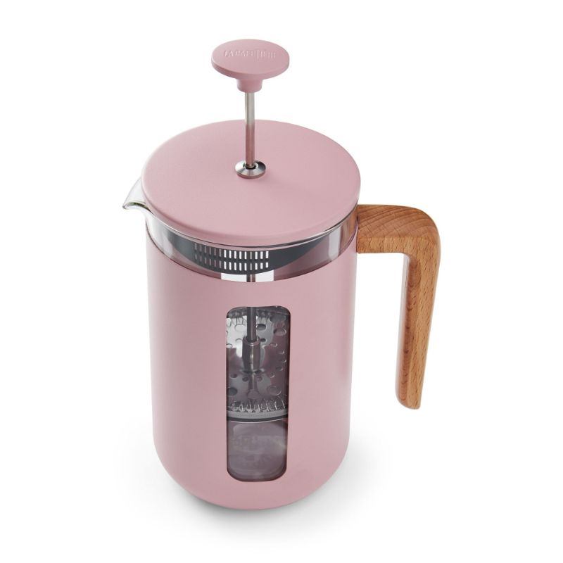 Stylish La Cafetiere Pink Pisa 8-cup cafetiere with heat-resistant glass and beechwood handle for elegant coffee brewing.