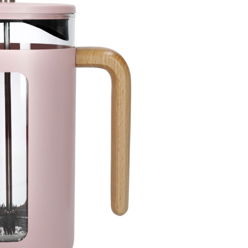 Stylish pink 8-cup cafetiere with borosilicate glass, stainless steel frame, and beechwood handle for perfect coffee brewing.