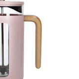 Stylish pink 8-cup cafetiere with borosilicate glass, stainless steel frame, and beechwood handle for perfect coffee brewing.