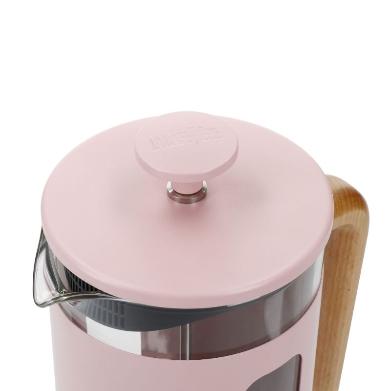 Stylish 8-cup Pink Pisa cafetiere, made of heat-resistant glass with a stainless steel frame and beechwood handle for safe pouring.