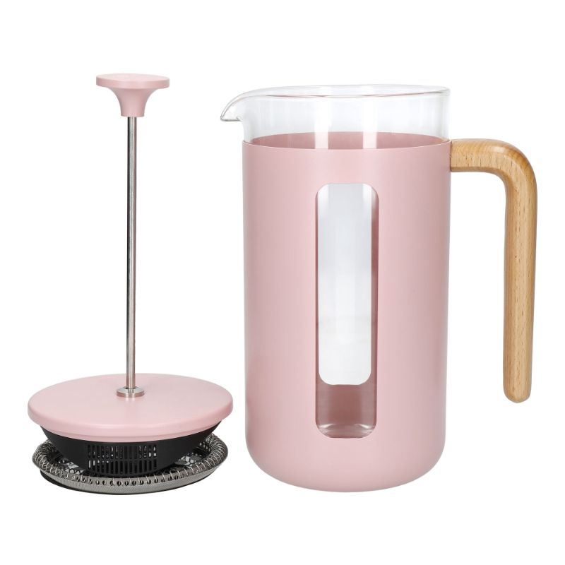 Stylish pink 8-cup cafetiere featuring borosilicate glass and a beechwood handle for elegant coffee brewing.