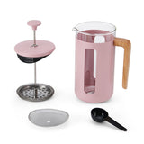 Stylish pink 8-cup cafetiere with heat-resistant glass, stainless steel frame, and beechwood handle for comfortable pouring.