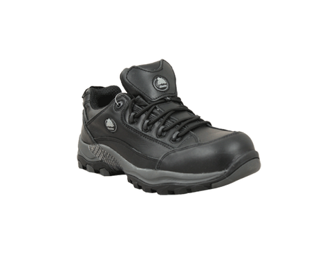 Bata Bickz Black Safety Shoes, Size 9, featuring composite toe, slip-resistant sole, and heat resistance up to 300°C.