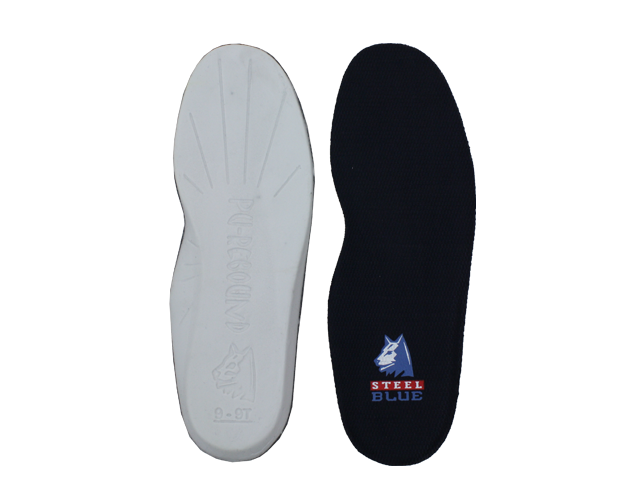 Protective insole in steel blue, size 14, offering cushioning, arch support, and anti-bacterial properties for all-day comfort.