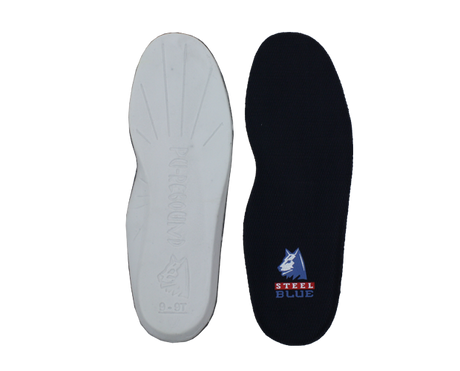 Protective insole in steel blue, size 14, offering cushioning, arch support, and anti-bacterial properties for all-day comfort.