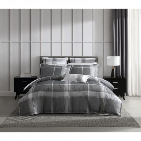 Charcoal jacquard quilt set for queen bed featuring elegant all-over check pattern and self-flanged edges, includes pillowcases.