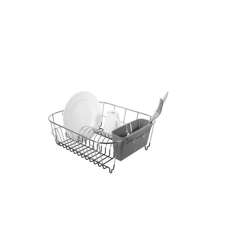 Avanti Slimline Dish Rack in grey, featuring a stainless steel frame and cutlery container for efficient kitchen organization.