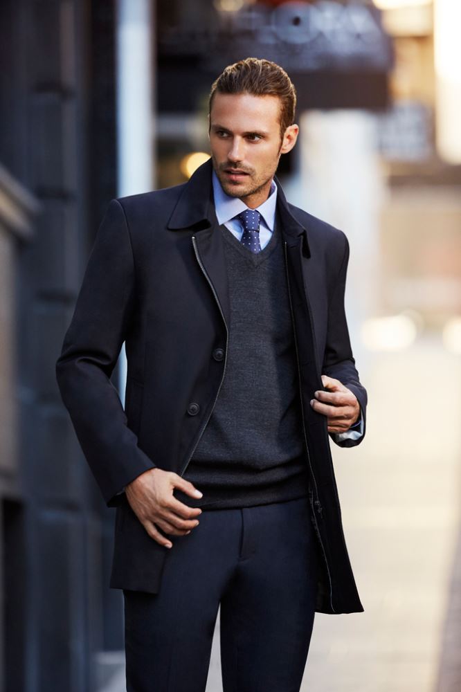 Mens Lined Car Coat in Midnight with concealed buttons, jacquard lining, and side pockets for a stylish, tailored fit.