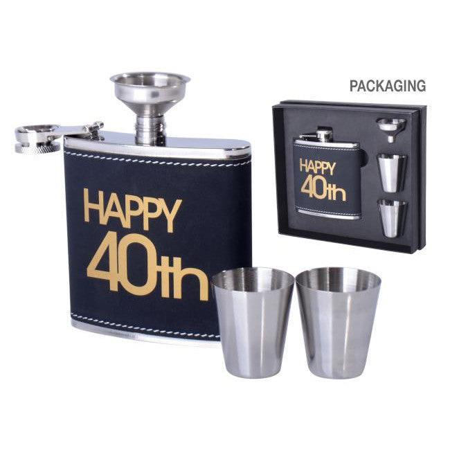 Elegant hip flask gift set for 40th birthdays, includes a stainless steel flask and two matching glasses.