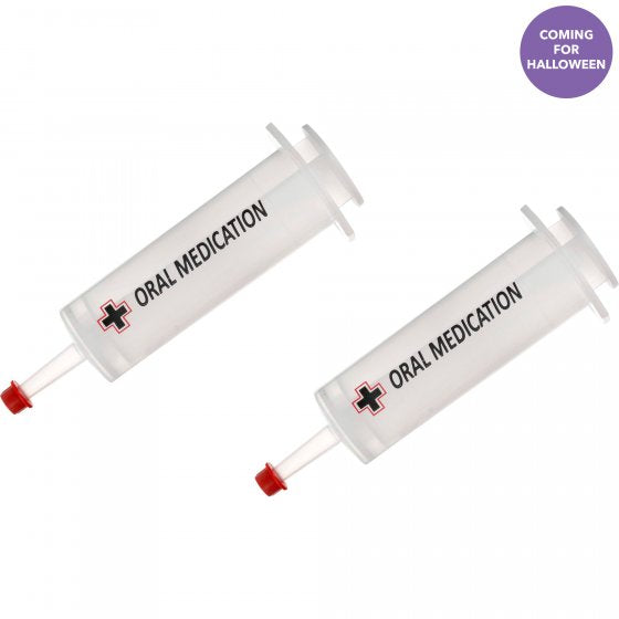 Novelty oversized syringes, 18cm, perfect for party decorations and Halloween fun, made from durable, safe plastic.