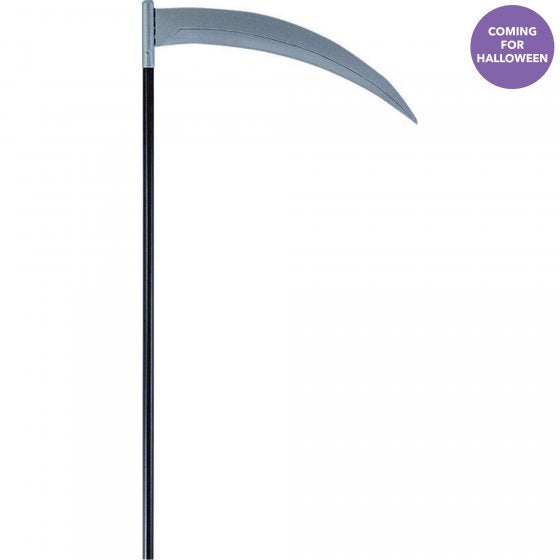 Realistic 137cm plastic Halloween scythe, perfect for costumes and spooky decor, safe and lightweight for eerie adventures.