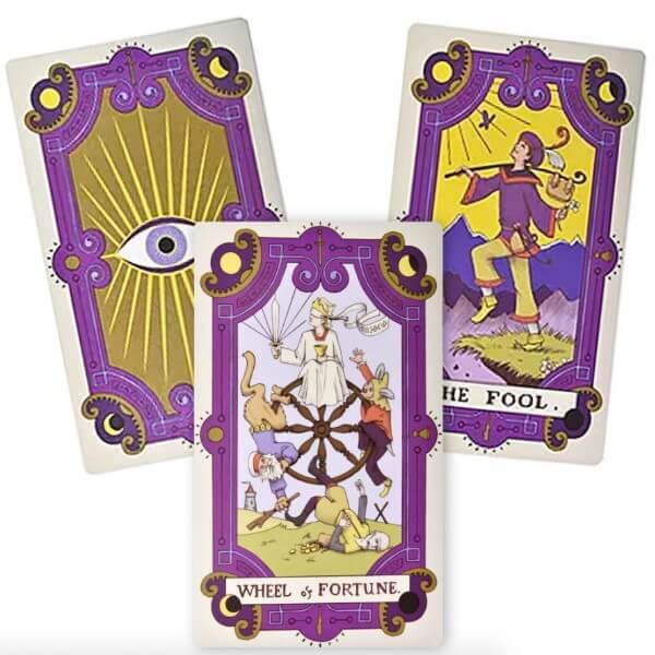 Light purple and metallic gold Tarot Cards (Pack of 9) featuring Major Arcana illustrations for mystical party decor.