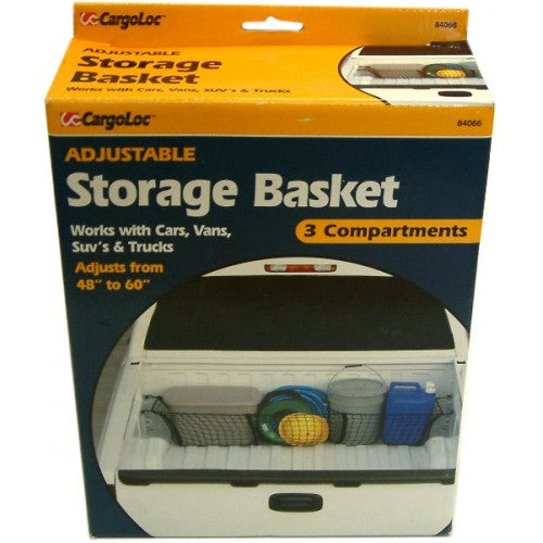 Adjustable black mesh storage basket with three compartments, fitting vehicles 48" to 60" wide for organized travel.