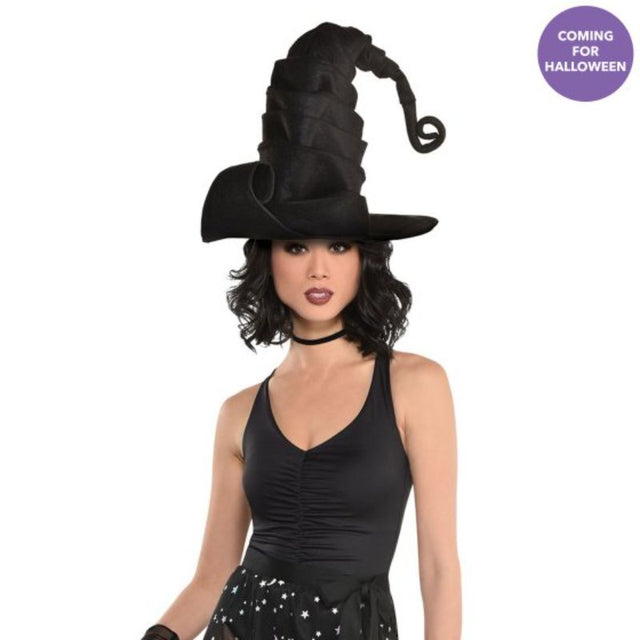 Crinkle Witch Hat with whimsical design, adjustable chin strap, perfect for Halloween costumes and festive events.