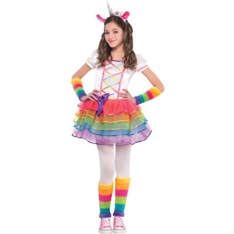 Colorful rainbow unicorn costume for girls aged 8-10, featuring a dress, tail, headband, and warmers for enchanting play.