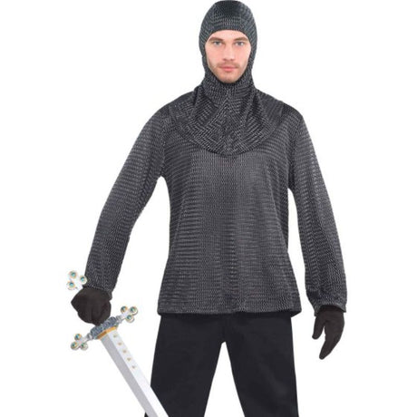 Medieval-inspired chain mail tunic and hood, ideal for cosplay, costume parties, and Renaissance fairs.