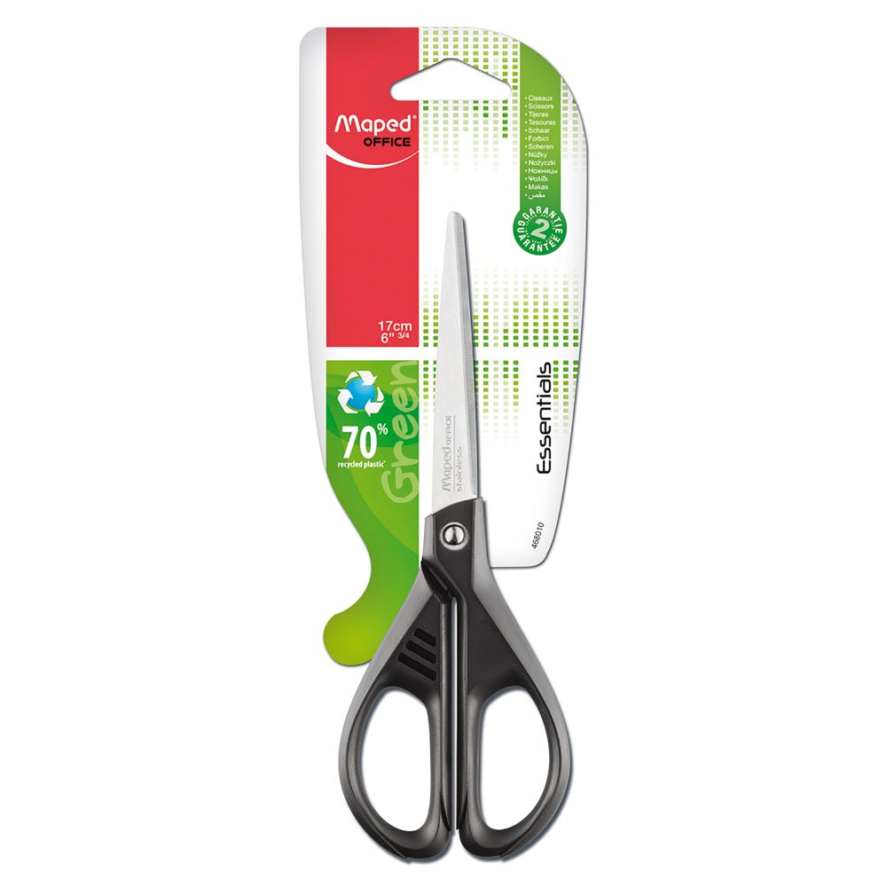 Ergonomic 17cm green scissors with stainless steel blades and 70% recycled handles, ideal for all cutting tasks.