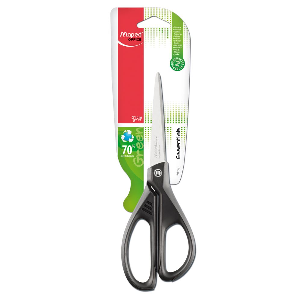 Maped Essentials Green Scissors, 21cm ergonomic scissors for all ages, made from 70% recycled materials with stainless steel blades.