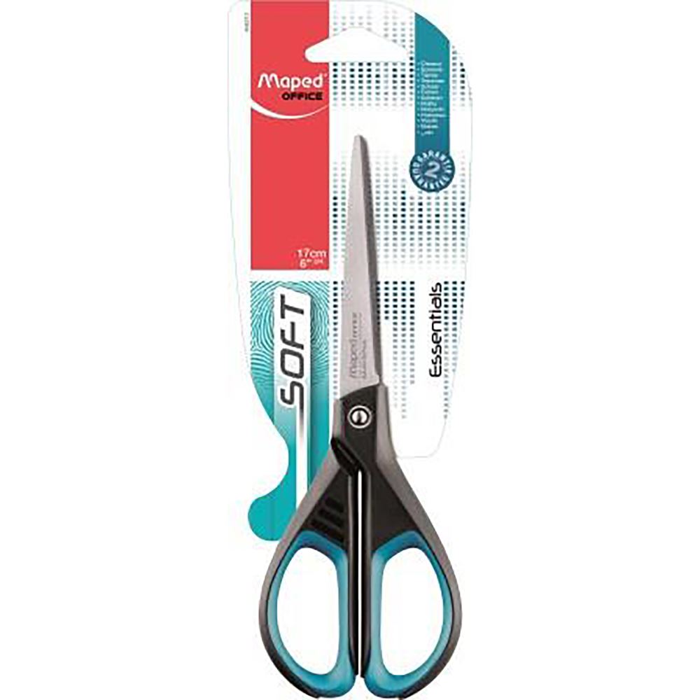 Maped Essentials Soft Scissors 17cm with ergonomic handles and stainless steel blades for comfortable, precise cutting.