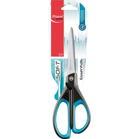 Maped Essentials Soft Scissors 21cm with ergonomic handles, shock absorbers, and stainless steel blades for comfortable cutting.