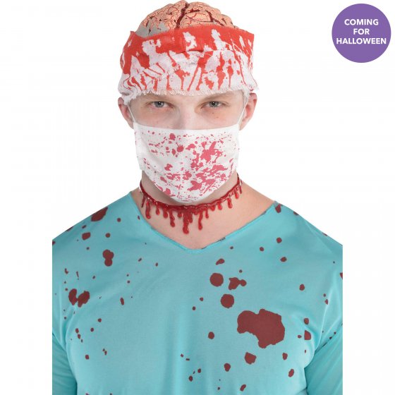 Adult-sized Bloody Surgeon Mask with a gruesome blood-splattered design, perfect for Halloween and horror-themed events.