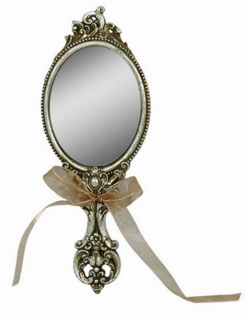 Ornate hand mirror measuring 7.9 x 1.5 x 20.4 cm, perfect for elegant makeup and grooming touch-ups.